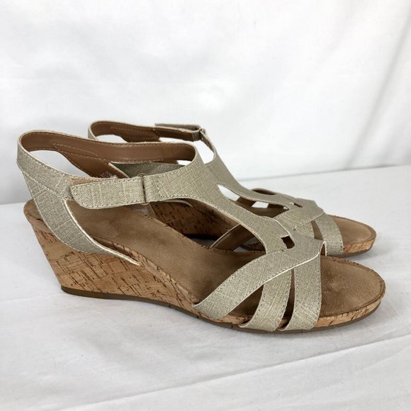 Aerosoles Heelrest Wedge Rafia Heels Sandals 10 Comfort Gold Beige Strappy Shoes - Picture 1 of 10